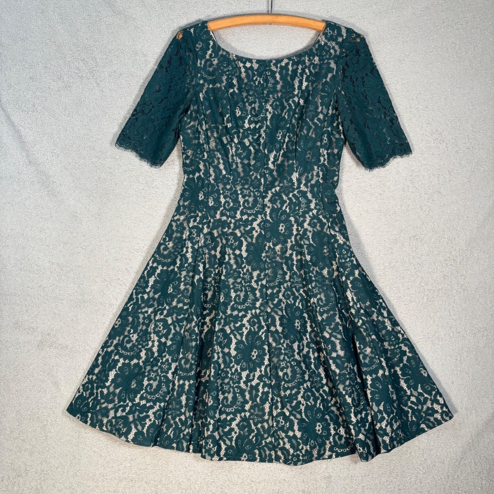 Eliza J Lace Fit N Flare Dress Size 6 Evergreen Lined Midi Illusion Lace Overlay